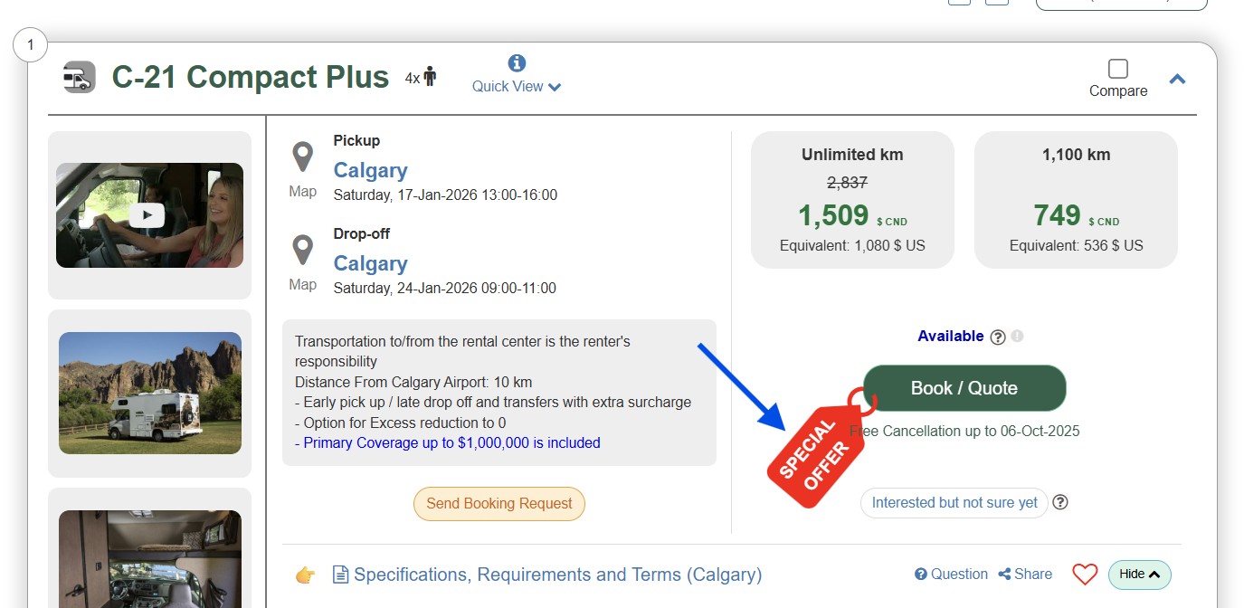 free one way RV rental in Canada no drop charge